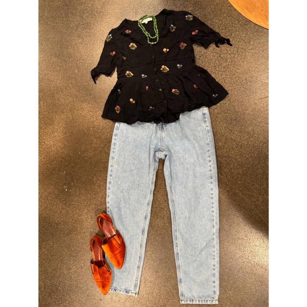 BRASS & ROE Embroidered Black Peplum Top Tie Sleeve Button Front Women's Small